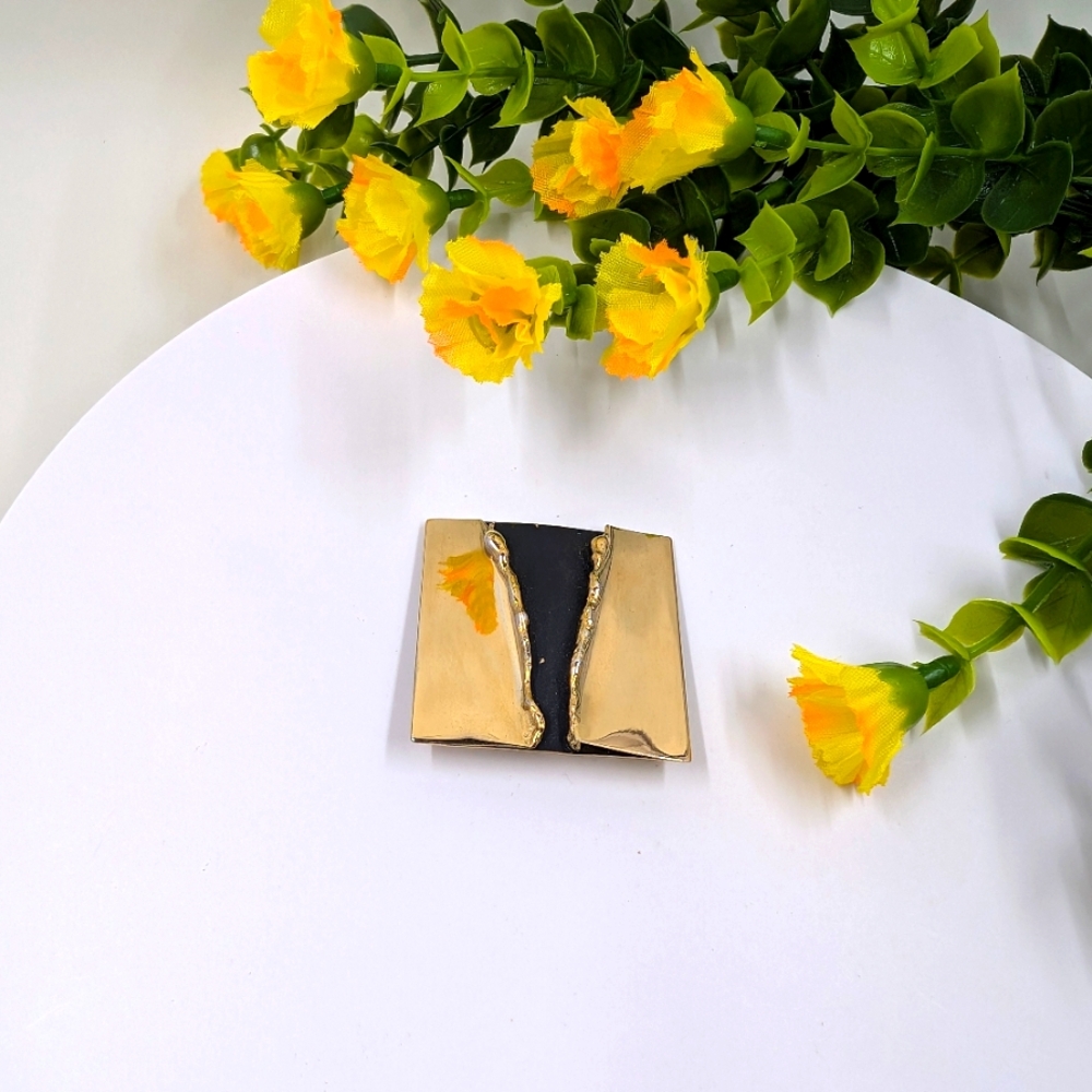 Abstract Design Vintage Square Black and Gold Brooch
